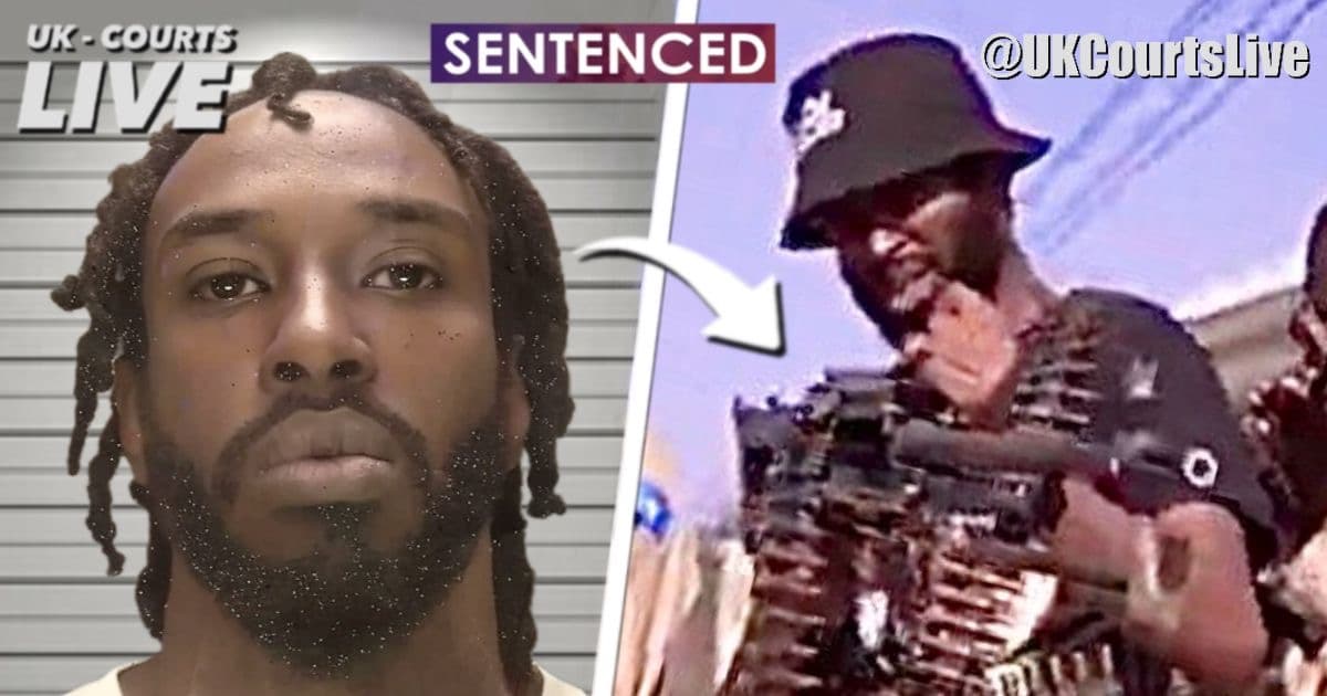 Video Production News thumbnail showing jailed rapper who threatened Tommy Robinson firing cannon machine gun in Somali based rap music video 