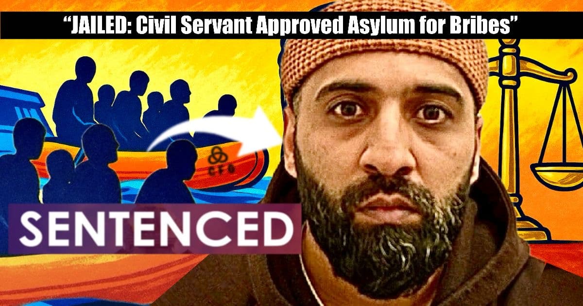 Striking and boldly coloured professional news thumbnail showing boat migrants and jailed civil servant who granted UK asylum for bribes