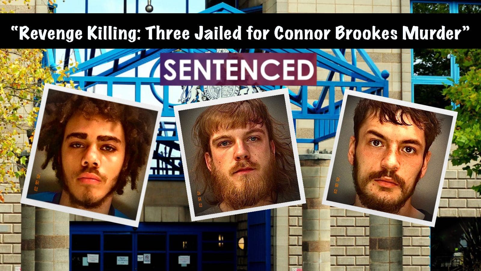 Three killer mugshots in angled Polaroid-style frames lined up across a backdrop of Wolverhampton Crown Court – striking thumbnail reveals the faces behind the murder.