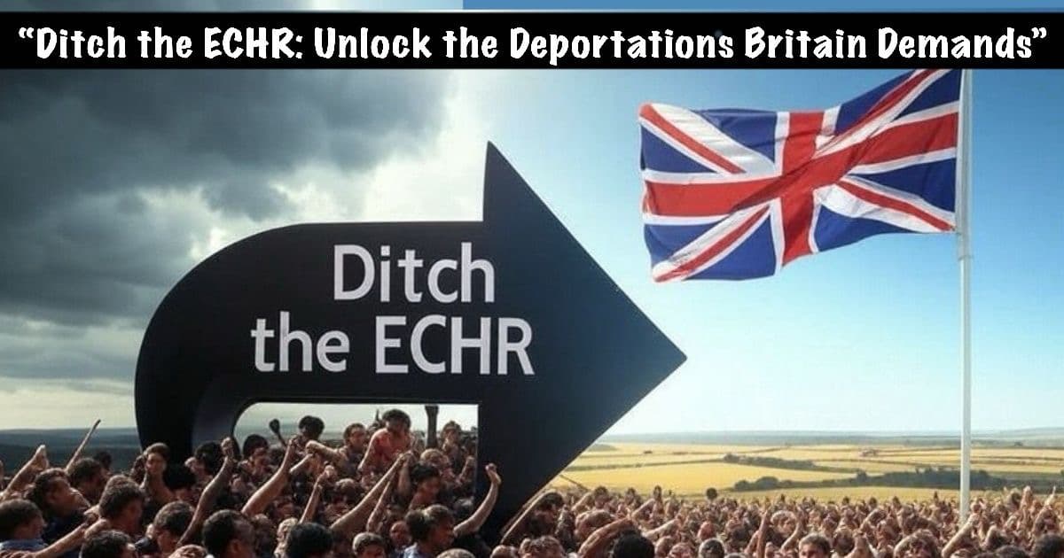 Video Production News Thumbnail showing a crowd following a signpost reading “leave the ECHR” marching from darkness towards a sunny land marked with a British Flag