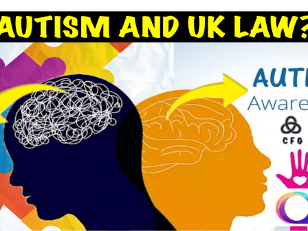 Illustration comparing two human brain profiles, one chaotic and one orderly, with the title 'Autism and UK Law?' and autism awareness symbols in the background.