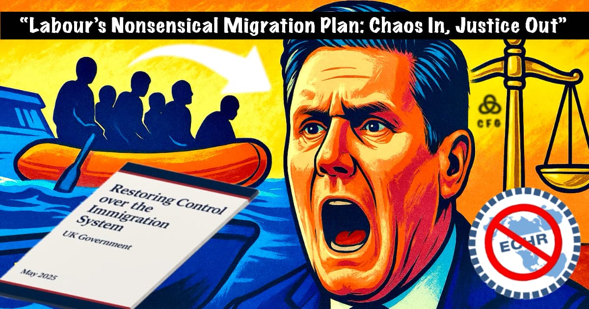 A vivid image shows illegal migrants crossing the Channel in a dinghy, a mock UK white paper floating nearby. Keir Starmer screams as justice scales loom beside him, with a crossed-out ECHR symbol—visually slamming Labour’s chaotic, nonsensical immigration policy.