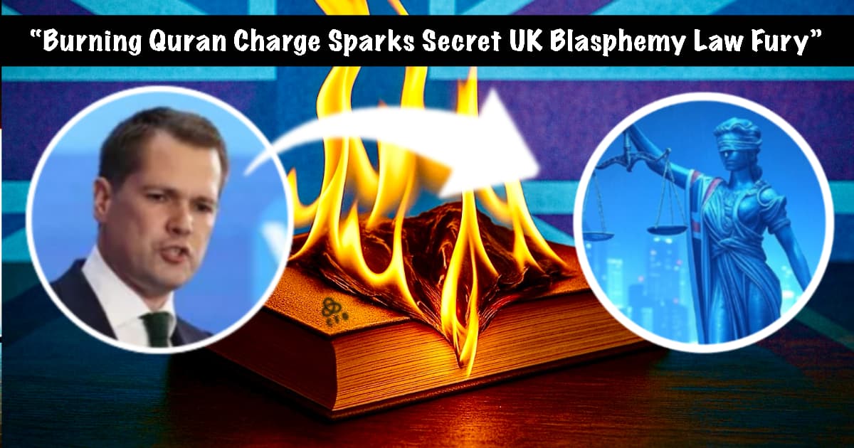 A burning quran engulfed in flames sits prominently in the foreground, with symbolic scales of justice behind it and a light blue Union Jack flag in the background.