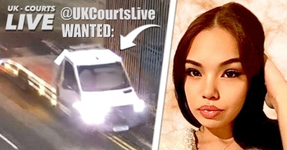 Professional Video Production News thumbnail for Old Park Lane Murder showing glamorous social media filtered image of 19 year old victim to right and CCTV of speeding white vehicle transporter van partially mounted on pavement to left. 