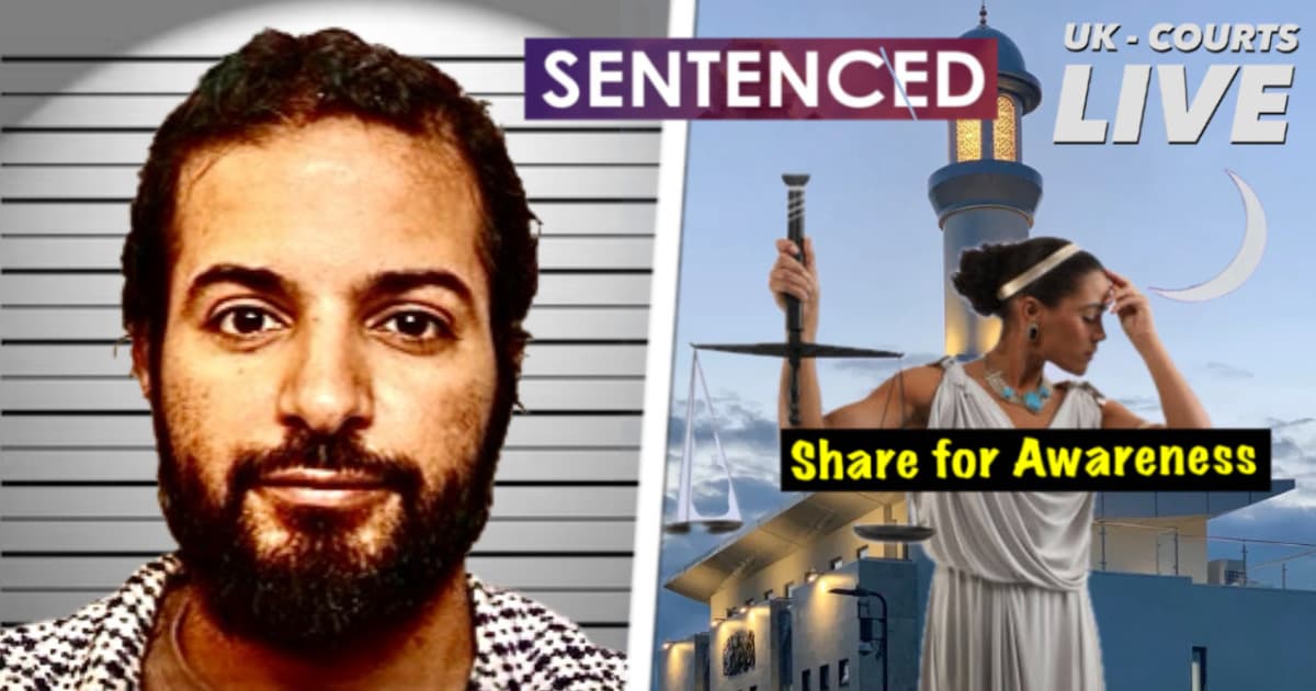 Mugshot of convicted Saudi asylum seeker Muslih Alotaibi next to Lady Justice with Old Bailey dome & crescent moon. “SENTENCED” banner & “Share for Awareness” text.