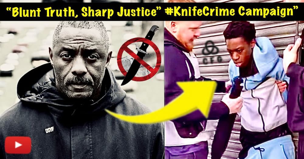 Knife Campaigner Idriss Elba to left, Youth with knife arrested by undercover officers in right panel 
