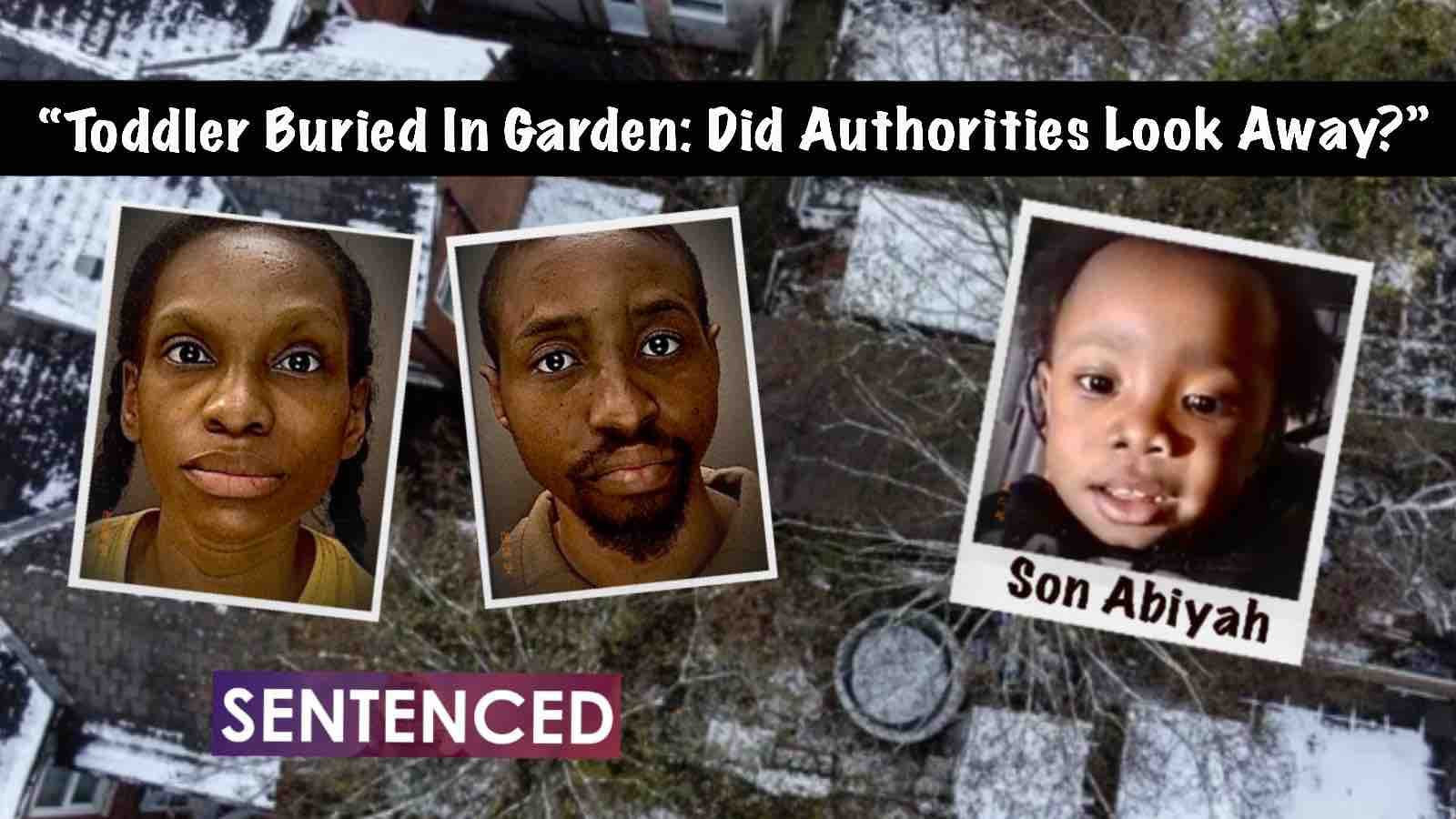 Mugshots of child’s parents face a haunting image of toddler Abiyah Yasharahyalah, with an aerial view of the Birmingham garden where his body was found buried. This shocking visual reveals the horror of a child starving to death while authorities failed to act.