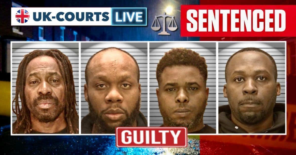 Video Production News UK-COURTS:LIVE sentencing thumbnail featuring dramatically framed custody photos, carefully enhanced for maximum impact, overlayed on a professional broadcast news aesthetic, photorealistic, ultra-sharp 8k image of a gritty, rain-slicked view of a Wolverhampton residential street at night, with yellow 'CRIME SCENE' tape fluttering in the foreground under the harsh, rhythmic flicker of blue police strobes. 