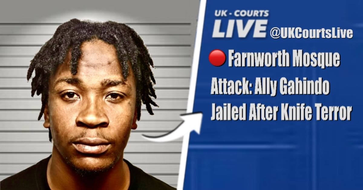 Police tape outside a Farnworth street with a kitchen knife graphic and text: "JAILED: THE MOSQUE KNIFEMAN."