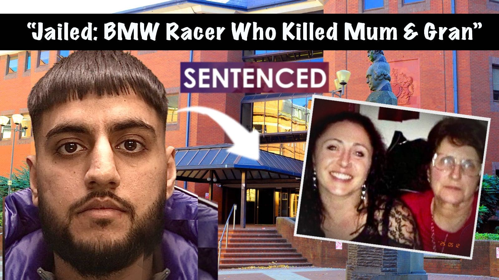 Professional news thumbnail showing jailed birmingham street racer killer driver Mohammed Ibrahim