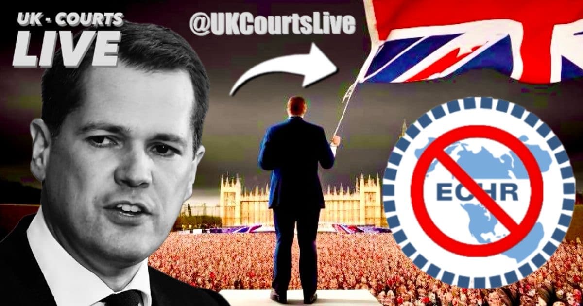 Video Production News thumbnail featuring Robert Jenrick before a striking AI backdrop of Jenrick speaking before thousands in front of Houses Of Parliament, waving large Flag. Large ECHR logo with a red line through it symbolising EXHR exit. 