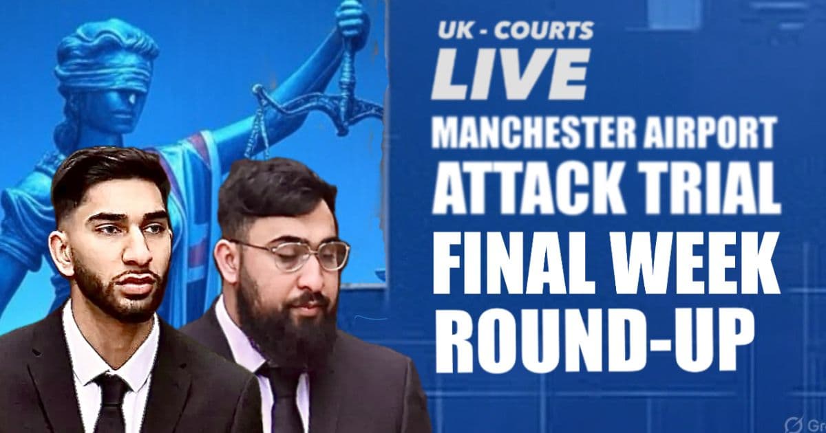 Professional news thumbnail showing a striking news card and the defendants in the Manchester Airport Attack trial