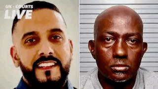 A partially animated gif: perpetrator animated in mugshot, to right, victim, static, to left.