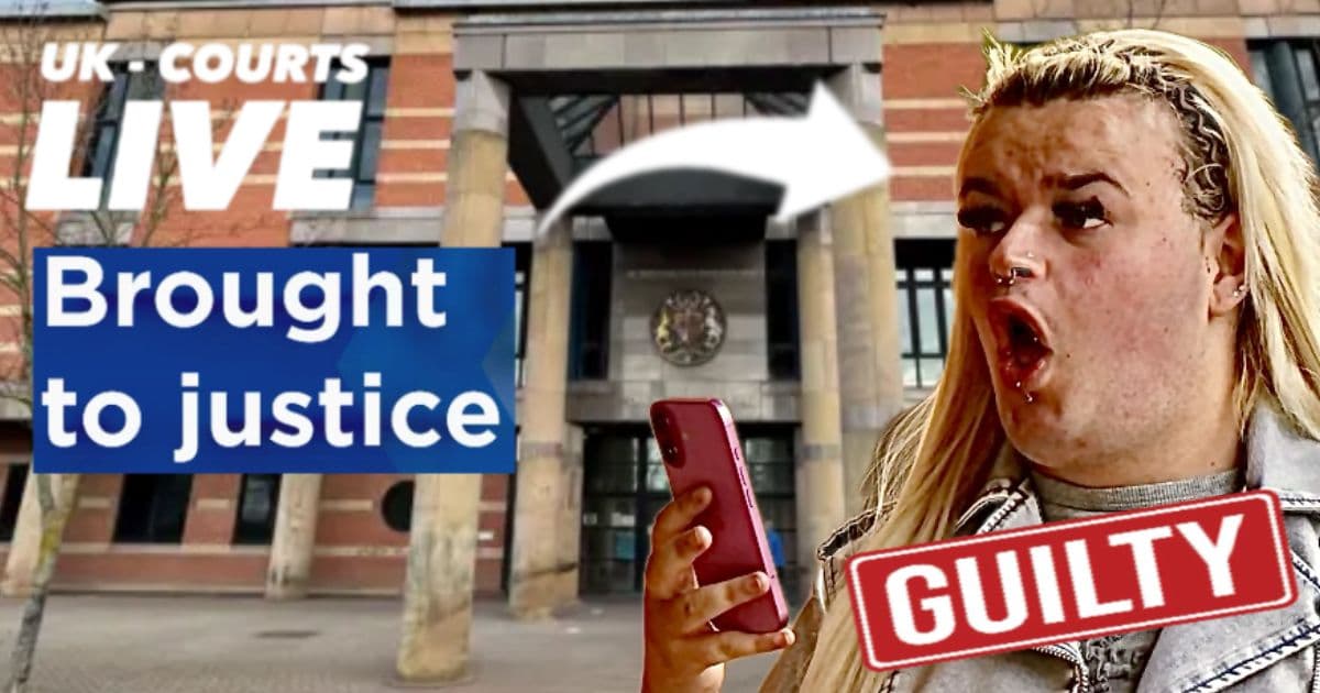 Teesside Crown Court with headline text ‘Brought to justice’ and an image of Ciara Watkin, convicted transgender woman, holding a phone.