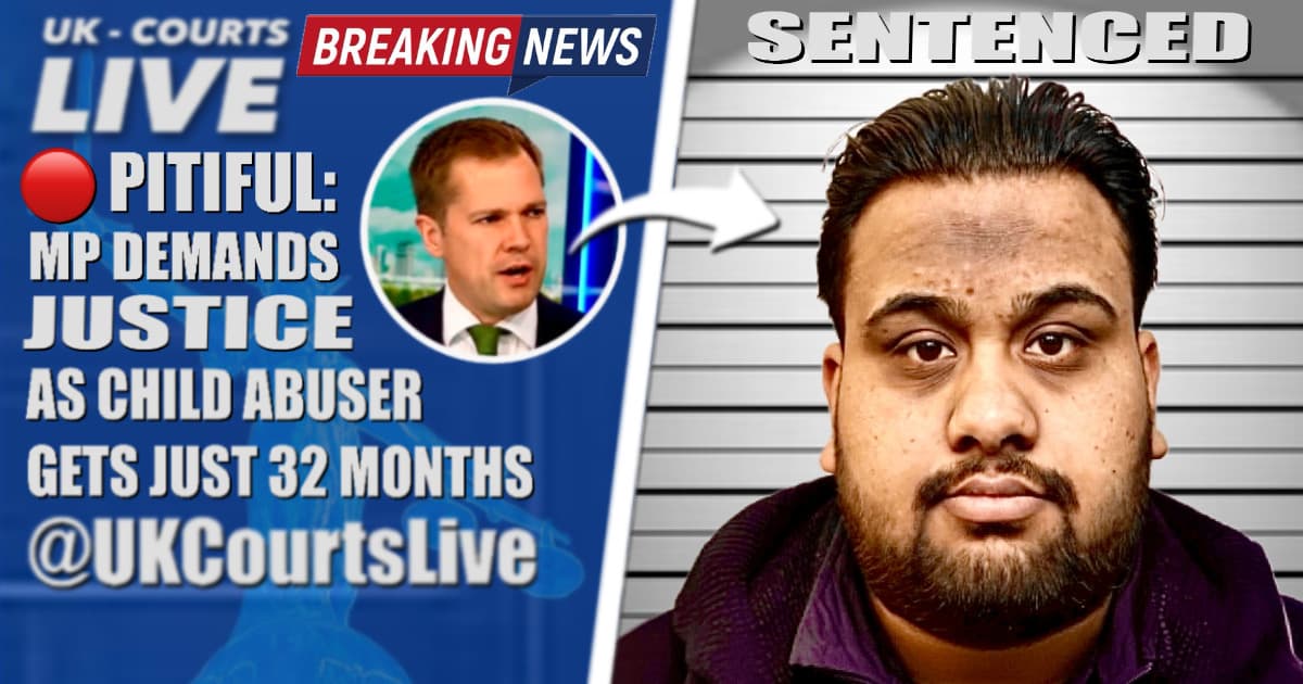 News graphic featuring Hasnain Ahmed’s sentencing details, a photo of Robert Jenrick, and the text: "32 MONTHS: PITIFUL?"