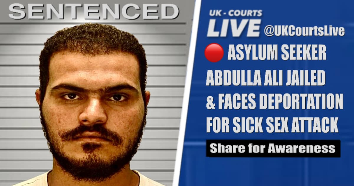 News thumbnail featuring a gavel resting on a legal block against a blurred background of the Gloucester Crown Court exterior. Bold text overlay reads: "JAILED & DEPORTED: ASYLUM SEEKER SENTENCED." Includes UK Courts Live branding.