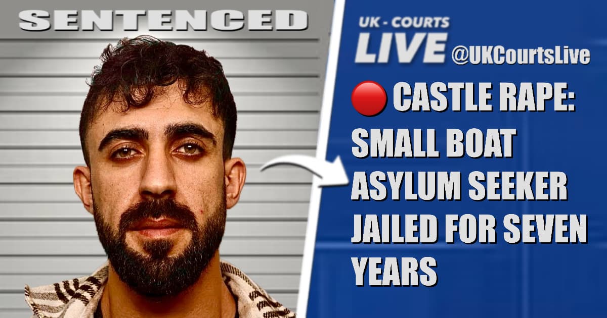 High-contrast image of Tamworth Castle with a small boat silhouette and the text "JAILED: SEVEN YEARS FOR RAPE."