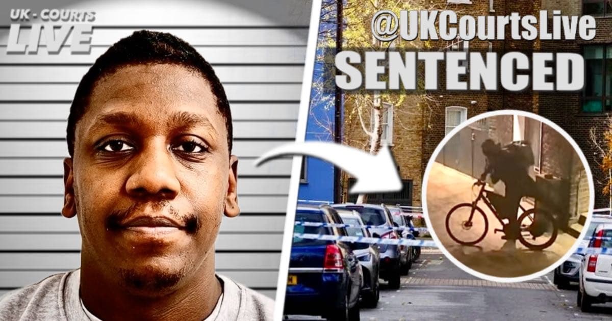 Police mugshot of Jazz Reid alongside CCTV footage of a gunman on an e-bike with a delivery rucksack. Text: "@UKCourtsLive SENTENCED."