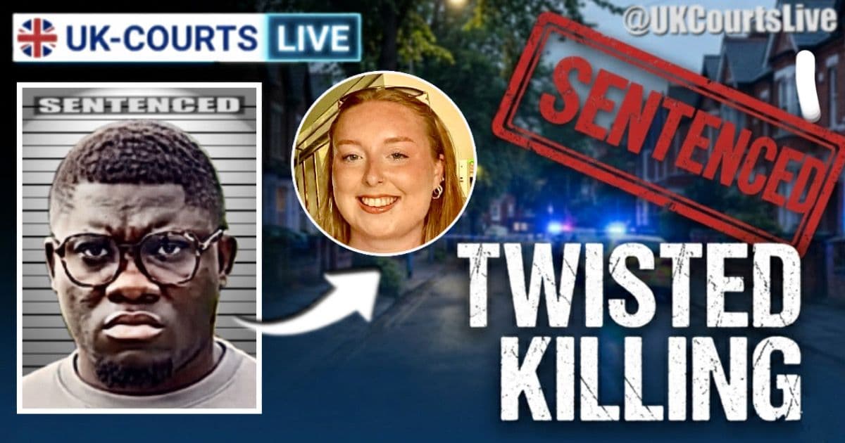 High-impact 16:9 news thumbnail featuring a mugshot of Adedapo Adegbola with a "SENTENCED" banner, a central portrait of Stephanie Irons, a cinematic residential crime scene background, and bold "TWISTED KILLING" headline text.