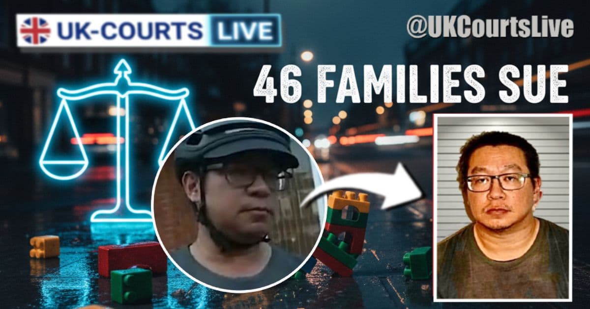 Wide 16:9 cinematic layout featuring neon blue scales of justice over a rain-slicked London street at night. A mugshot and a circular portrait of the offender are positioned near a stack of colorful building blocks labeled "TRUST," with the bold white headline "46 FAMILIES SUE" centered above them.