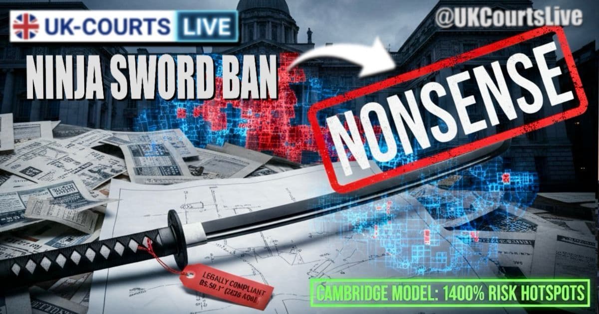 16:9 thumbnail featuring a ninja sword on a desk of blueprints with "NONSENSE" stamped over it. UK-COURTS LIVE branding and text "Cambridge Model: 1400% Risk."