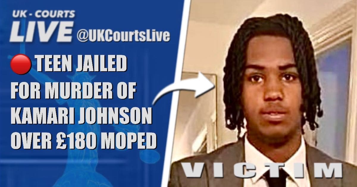 News graphic for the Kamari Johnson murder case featuring a machete silhouette, a moped, and text: "20 YEARS FOR £180 DISPUTE."