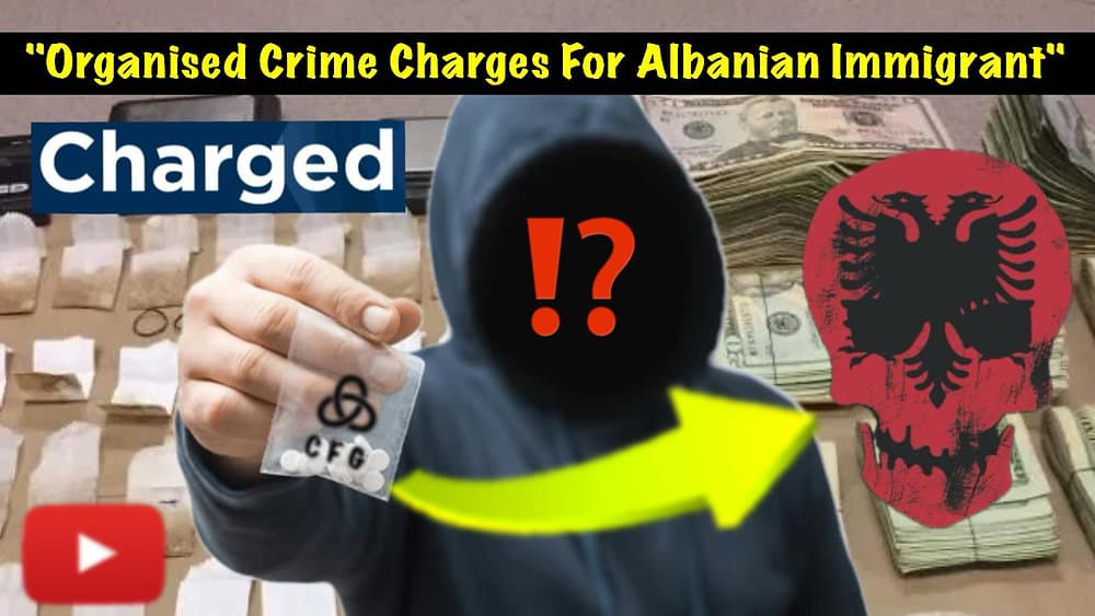 Thumbnail by Video Production News showing a picture of an Albanian Drug dealer holding a packet of drugs with an arrow pointing to the red skull logo used by Albanian criminal gangs