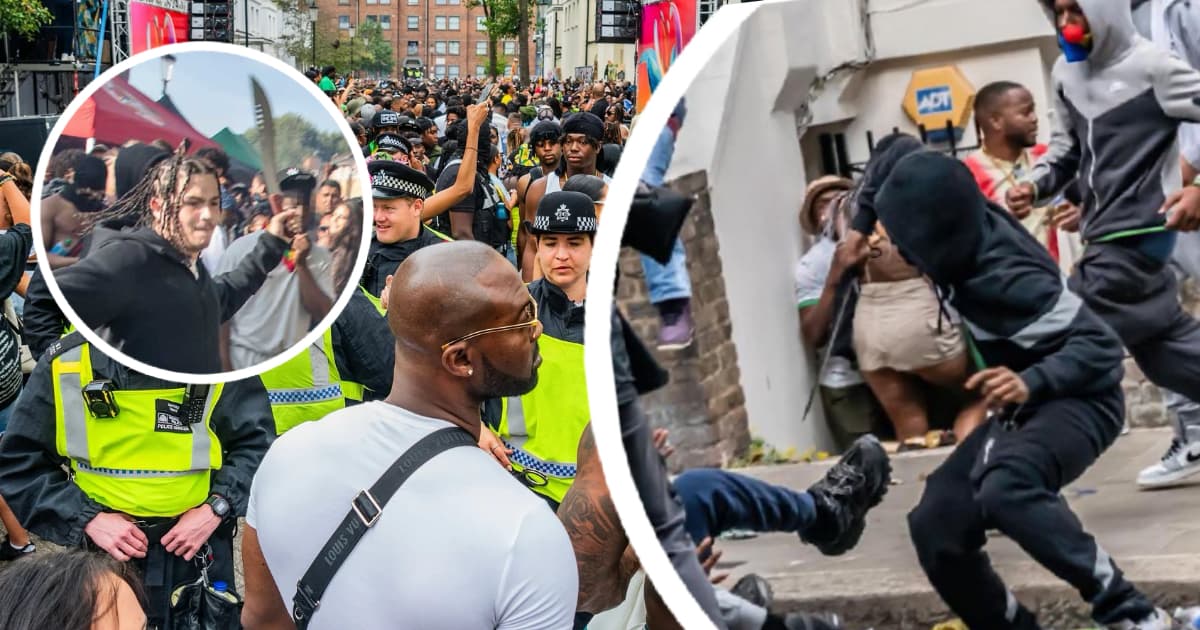A video production news thumbnail showing various scenes of violence from the Notting Hill Carnival