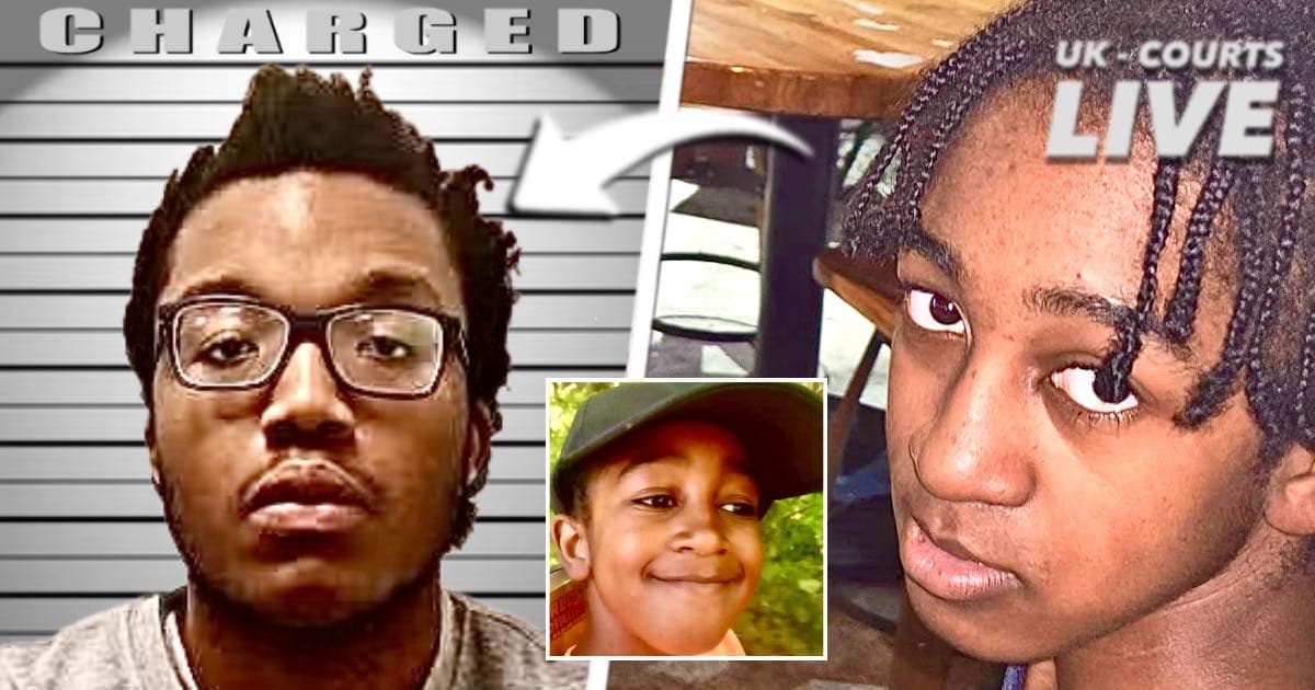 A high-impact true crime thumbnail featuring a mugshot of Tsidi Winion, 20, on the left with a "CHARGED" banner. On the right is a close-up portrait of 15-year-old victim Adam Henry, with an inset childhood photo of Adam in the center. The branding "UK-COURTS LIVE" is visible in the top right corner.