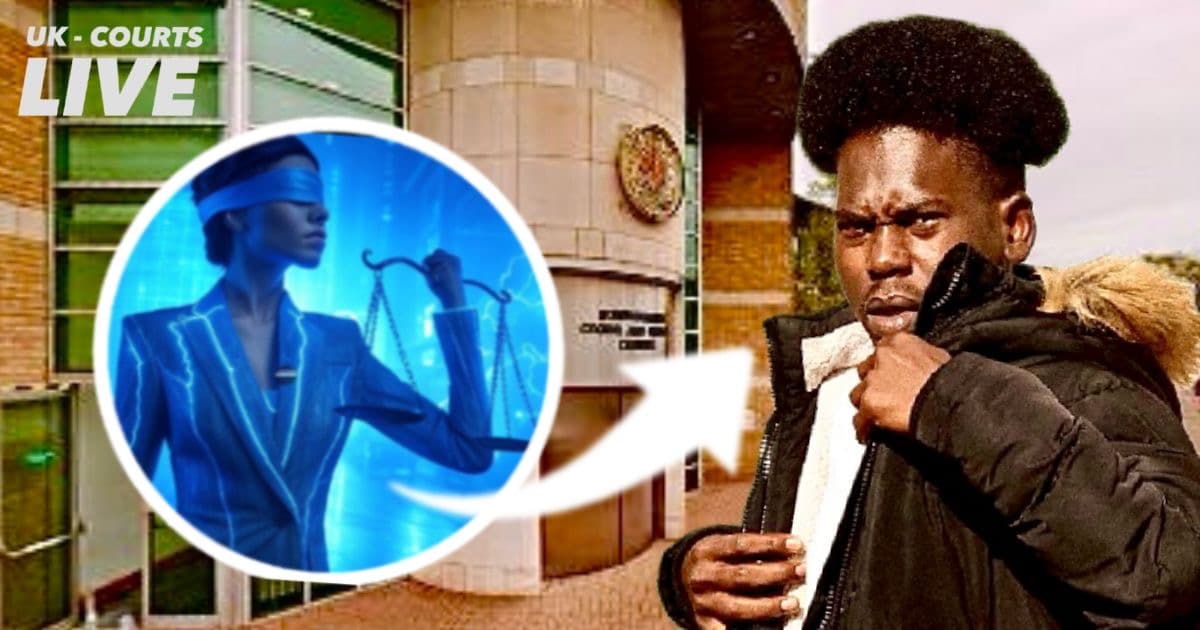 Professional news thumbnail featuring alleged rapist Mohammed Samir against a backdrop of Bournemouth Crown Court exterior .