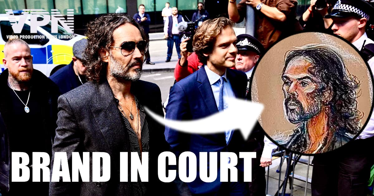 Russell Brand arrives at Southwark Crown Court flanked by his legal team and police, with an inset courtroom sketch of him shown; text reads “Brand in Court”.