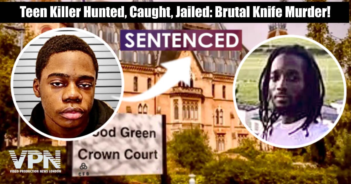 Thumbnail for crime news article showing teenage killer Kevin Kelenda (left) and victim Tyrone Pinnock (right) with Wood Green Crown Court in the background. Bold text reads “Teen Killer Hunted, Caught, Jailed: Brutal Knife Murder!” with “SENTENCED” banner above court building. VPN (Video Production News London) logo included.