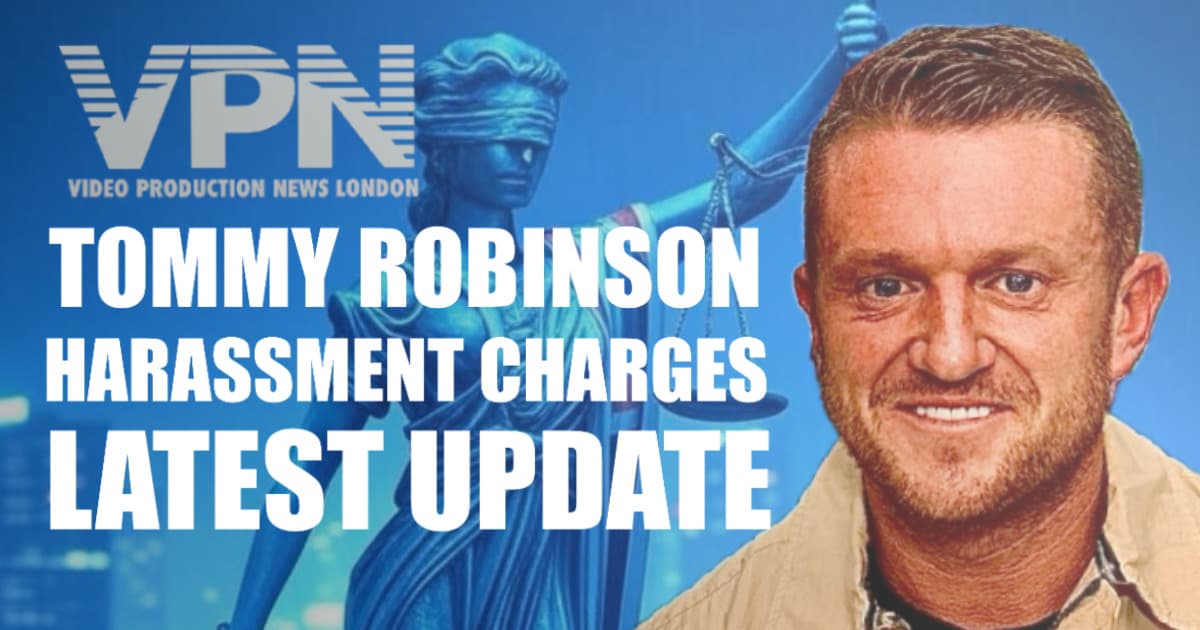 An Image featuring the Video Production News London (VPN) logo with a bold headline reading “Tommy Robinson Harassment Charges Latest Update.” The graphic includes a background of Lady Justice holding scales, symbolising the legal system, alongside a prominent image of Tommy Robinson. This news graphic is used to illustrate breaking legal developments concerning Robinson’s recent charges.