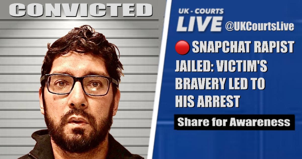 Mugshot of convicted man Abdul Kahar next to a UK Courts Live graphic with the headline: Snapchat Rapist Jailed: Victim's Bravery Led to His Arrest.