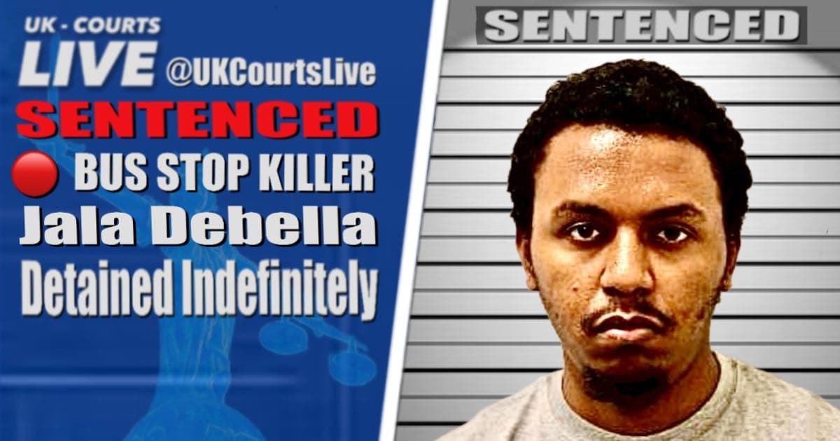 A digital news graphic for UK-Courts LIVE featuring a mugshot of Jala Debella against a height chart background labeled 'SENTENCED'. The left side shows the text 'SENTENCED BUS STOP KILLER Jala Debella Detained Indefinitely' over a blue silhouette of the Lady Justice statue.