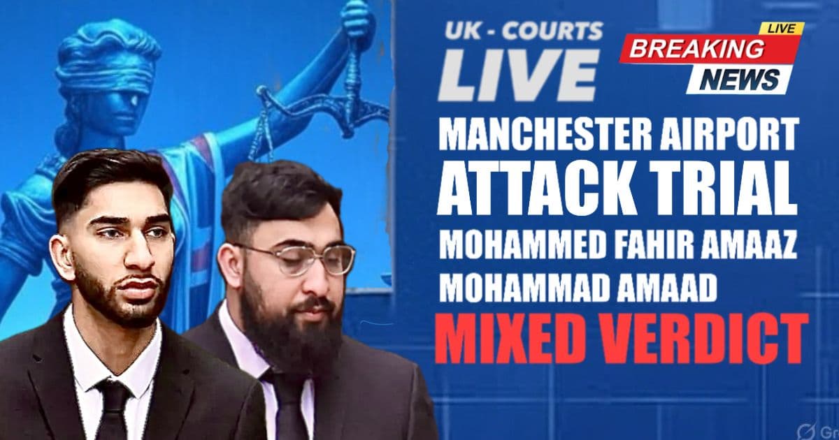 The image is a striking & professional news thumbnail featuring a blue background with bold white and red text announcing the “Manchester Airport Attack Trial.” It highlights that Mohammed Fahir Amaaz and Mohammad Amaad have been found “GUILTY,” with the word “GUILTY” in large red letters. The thumbnail includes photos of the two convicted brothers in suits, and a smaller inset image of the assault incident at the airport. The bottom right corner features the “UK-Courts Live” logo with a justice figure, indicating live court coverage.