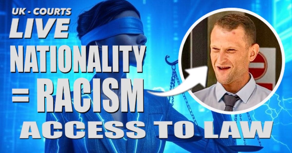 UK Courts Live thumbnail for the Luke Yarwood case featuring a headshot of the defendant and a blindfolded Lady Justice. Bold text overlays read: "NATIONALITY = RACISM" and "ACCESS TO LAW."