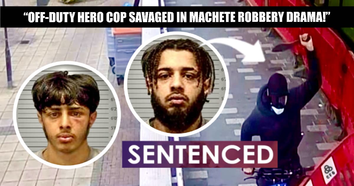 Mugshots of Hannan and Humar Mahmood overlaid on CCTV footage showing masked machete attacker during Luton e-bike robbery; bold headline reads “SENTENCED
