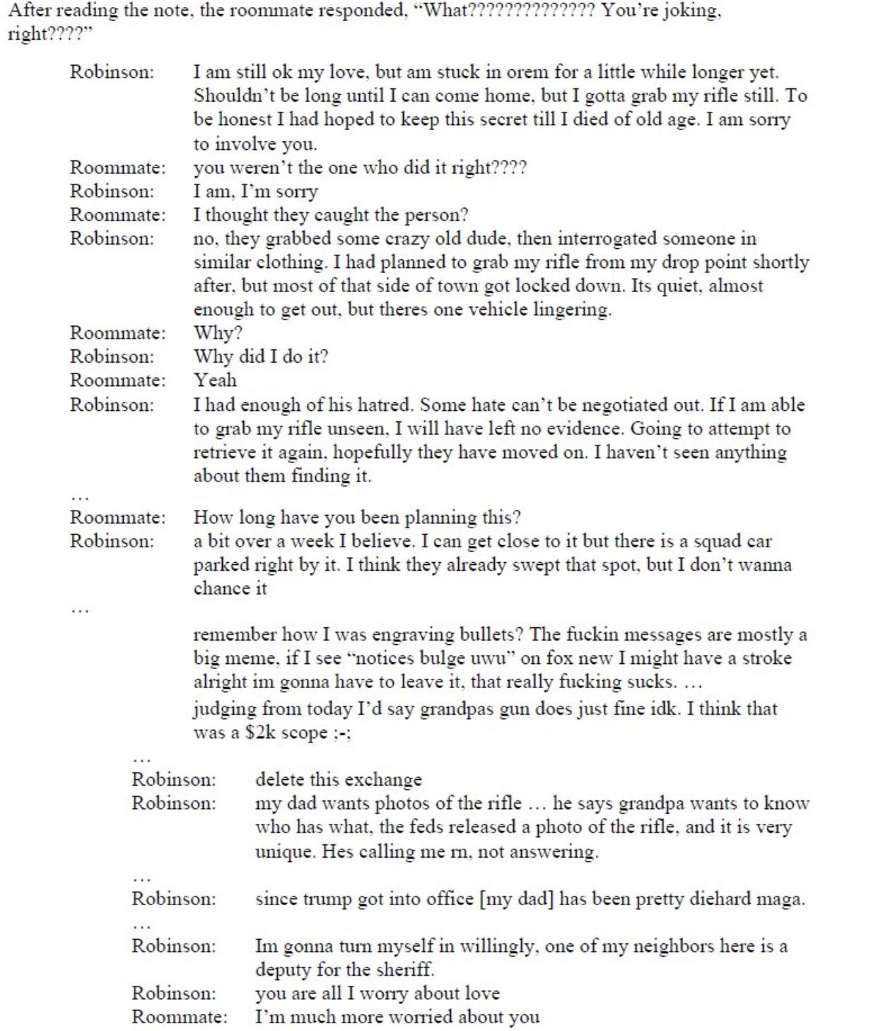 Prosecutors release messages between Tyler Robinson and his roommate