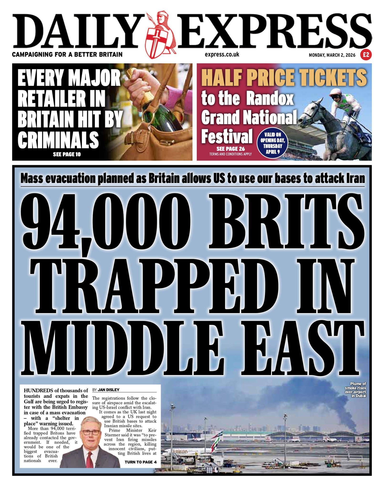 Front page of Daily Express, 2 March 2026