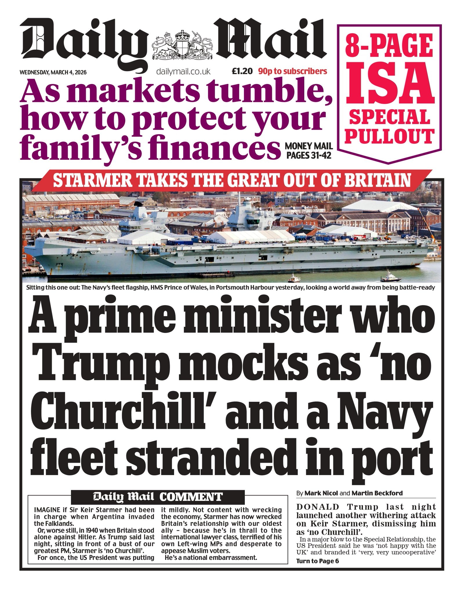 Front page of Daily Mail, 4 March 2026