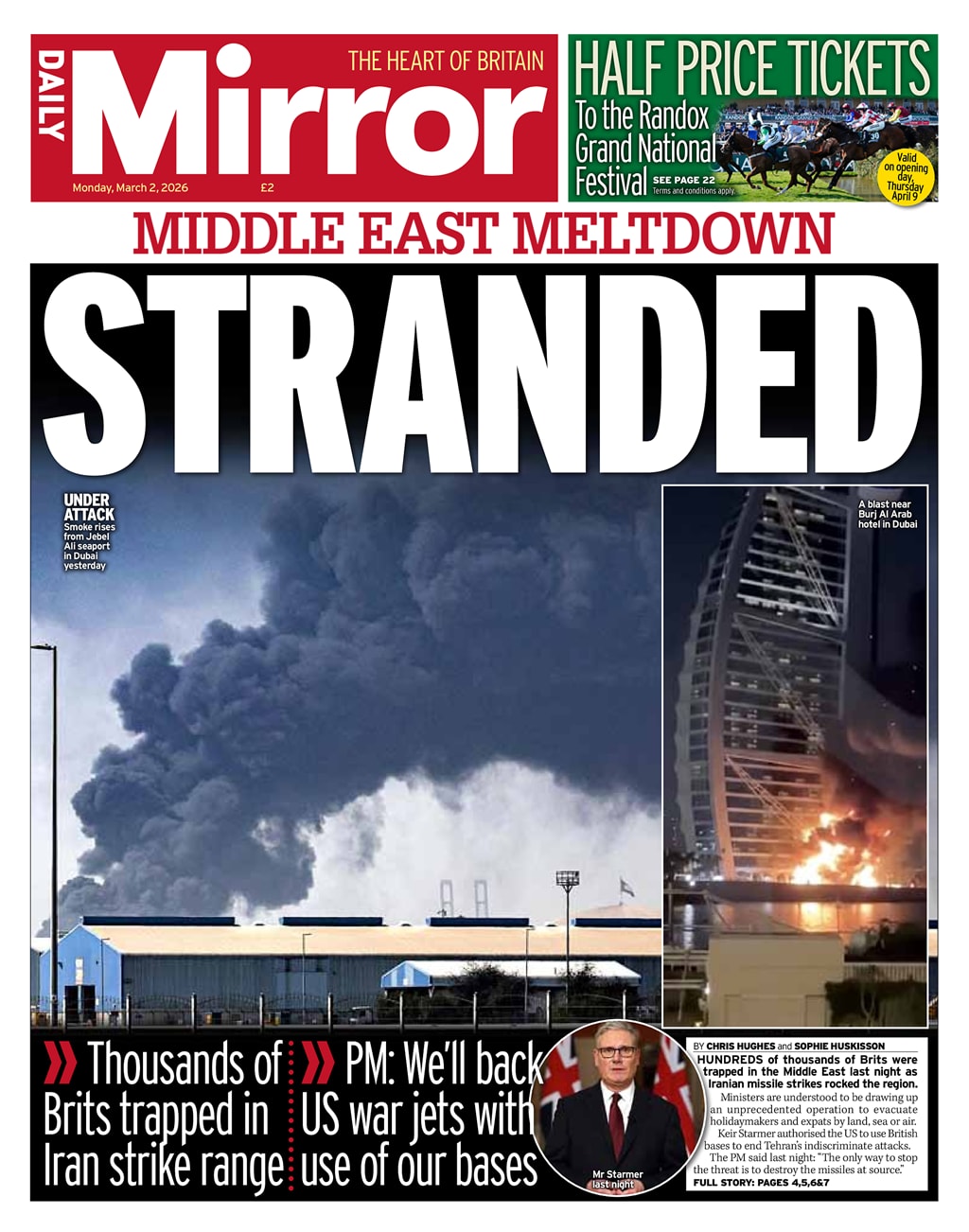 Front page of Daily Mirror, 2 March 2026