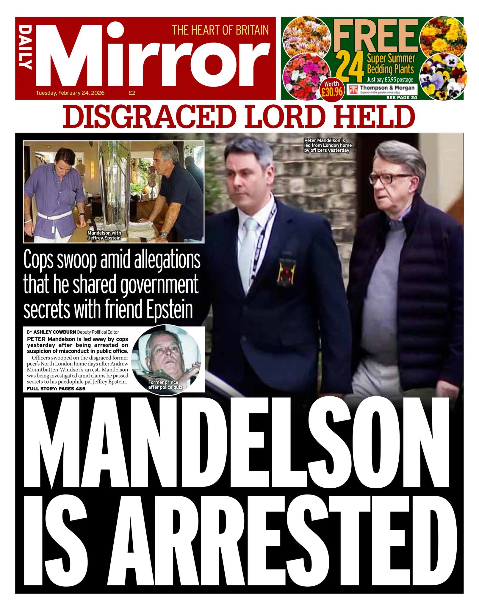 Front page of Daily Mirror, 24 February 2026