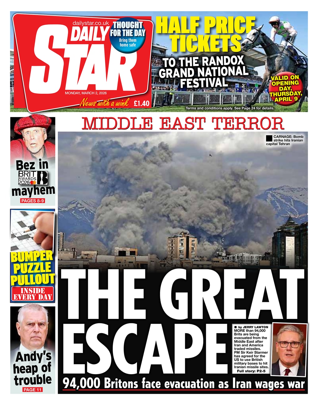 Front page of Daily Star, 2 March 2026