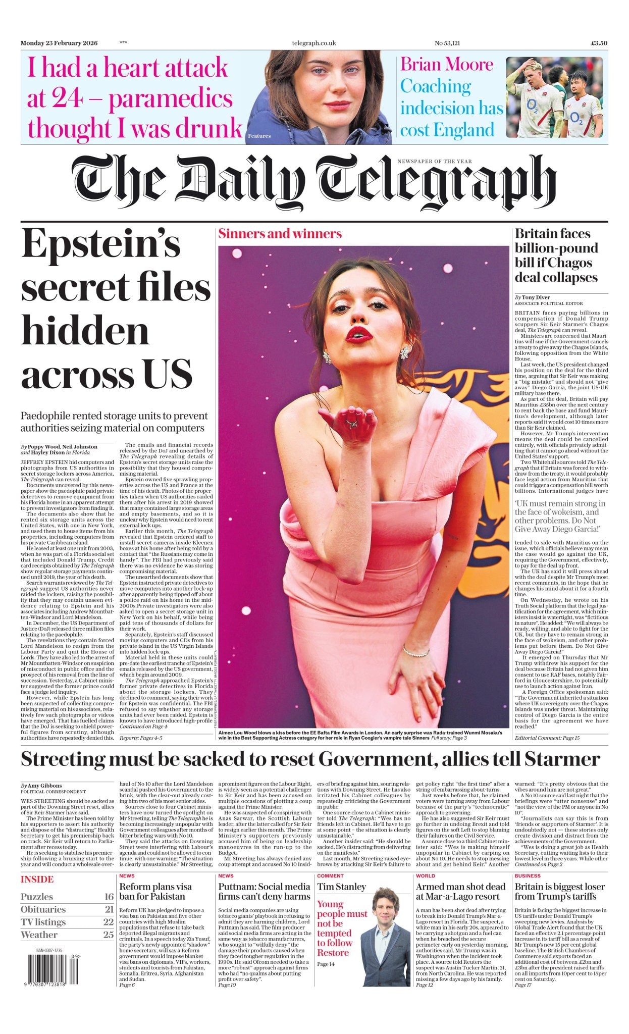 Front page of Daily Telegraph, 23 February 2026