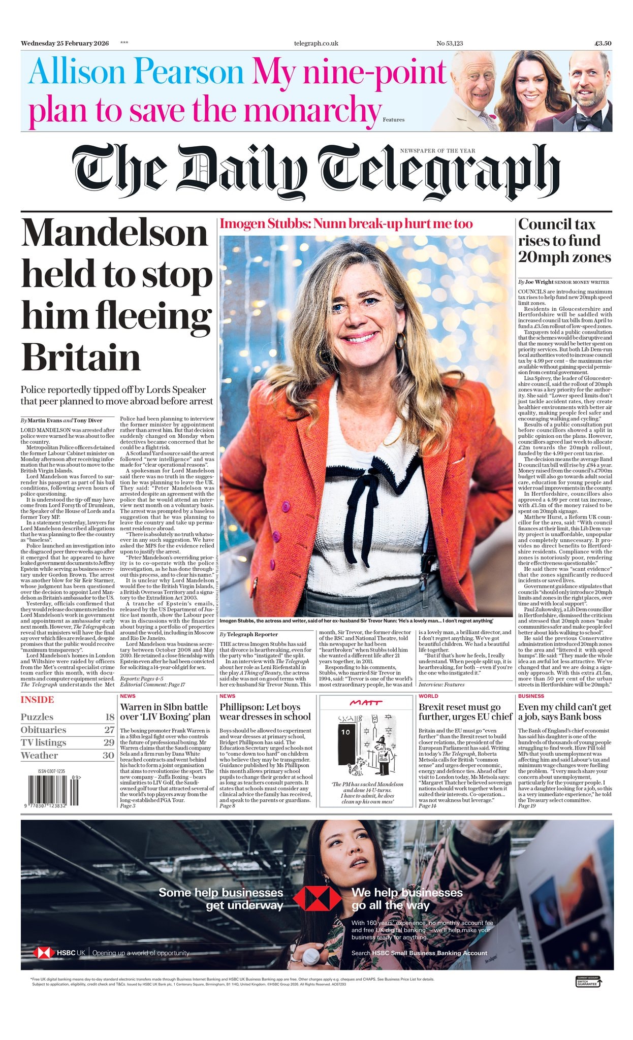 Front page of Daily Telegraph, 25 February 2026