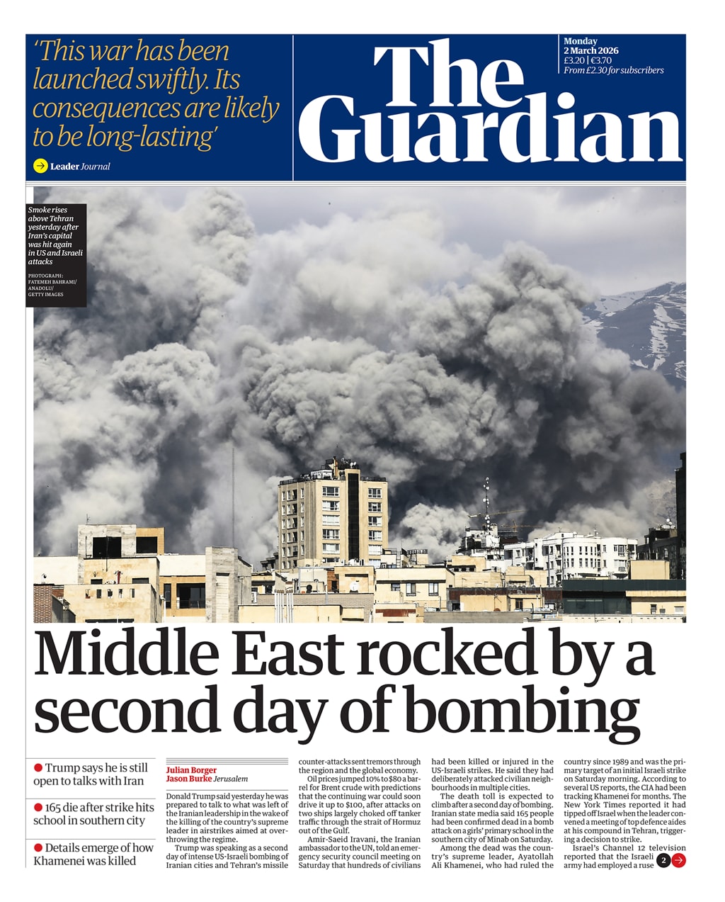 Front page of Guardian, 2 March 2026
