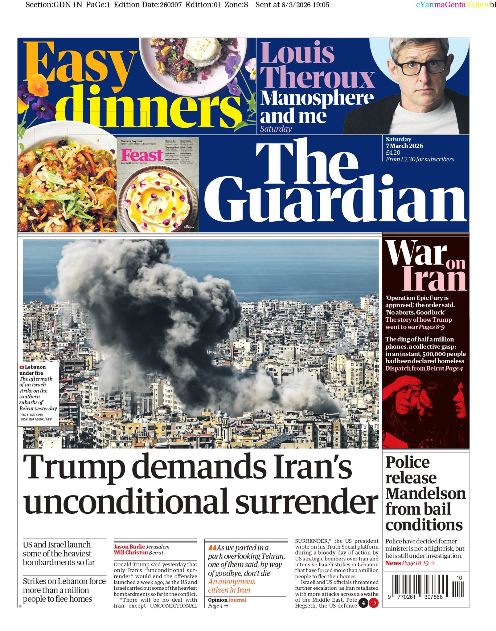 Front page of Guardian, 7 March 2026