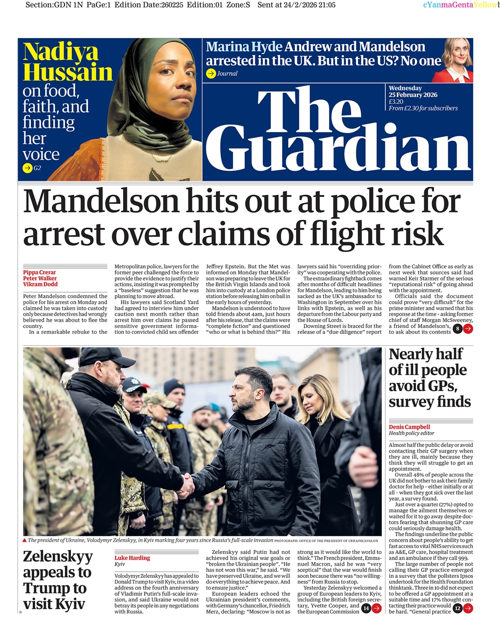 Front page of Guardian, 25 February 2026