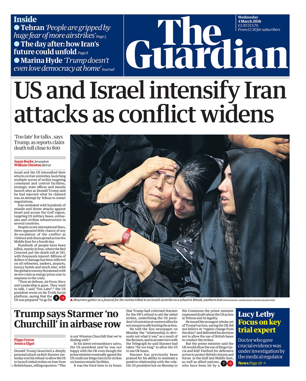 Front page of Guardian, 4 March 2026